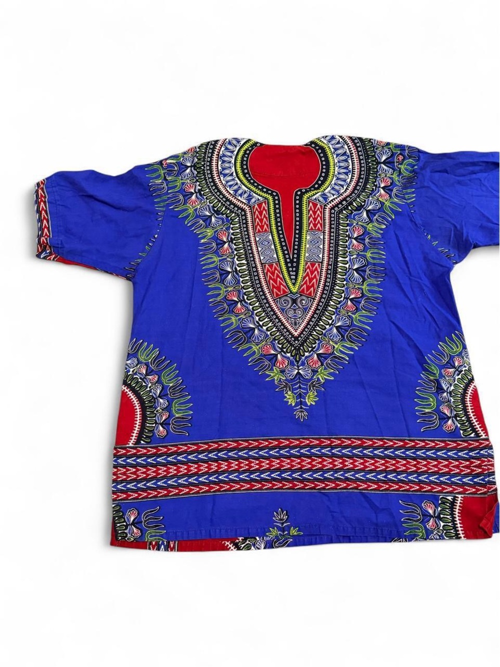 Blue Dashiki-Style Women’s Top with Red & Multicolor Accents